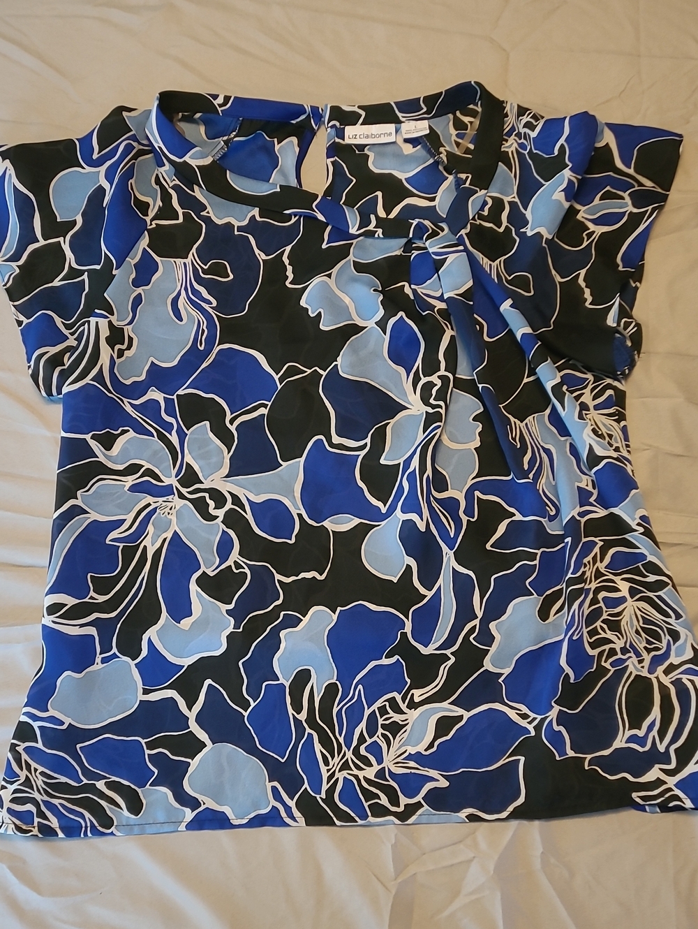 Liz Claiborne Blue and Black Floral Tie-Neck Blouse